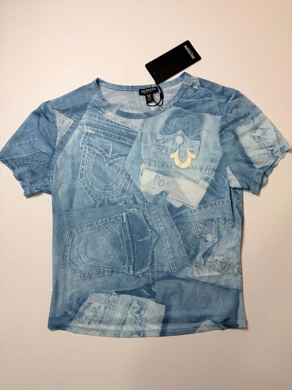 True Religion Women’s Blue Denim Mesh Short Sleeve Crew Neck Medium